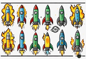 Simple cartoon rocket in green, gray, yellow, blue

Fire coming out the rocket

Black ring around the rocket with "26.2" written at the 10 o-clock position tattoo idea