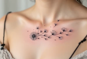 Windblown dandelion with translucent petals in pearl gray, blowing across the ribs into soft abstract shapes tattoo idea