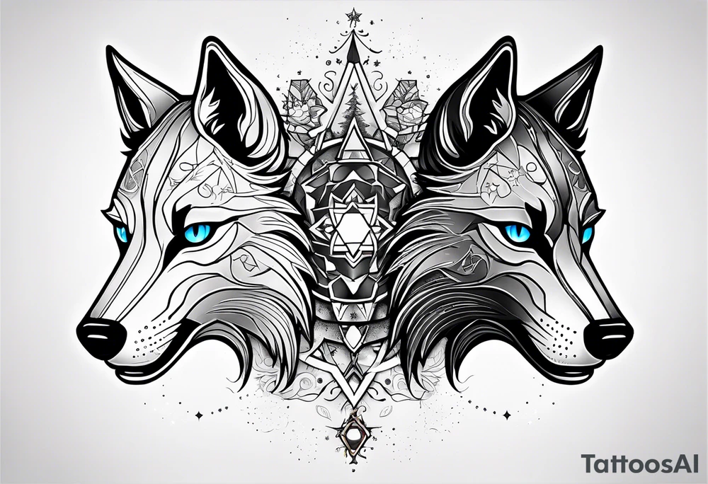 Constellation, two animal alien wolf, snowflake tattoo idea