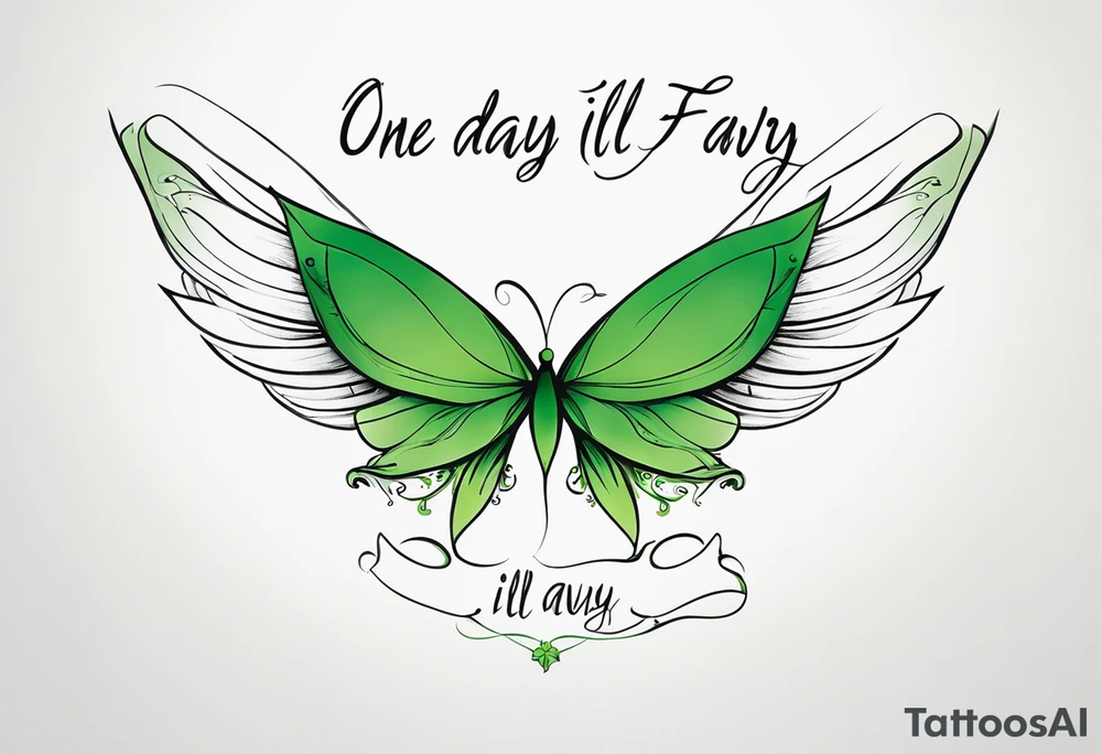 Green fairy wings with text “one day I’ll fly away” tattoo idea