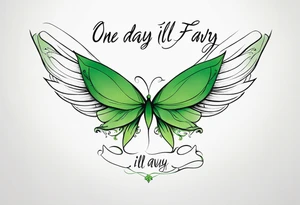 Green fairy wings with text “one day I’ll fly away” tattoo idea