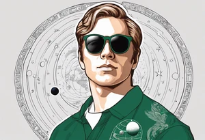 portrait of Joseph Smith Jr. wearing a Dartmouth College shirt, and hypnotic looking sunglasses, with a solar system background tattoo idea