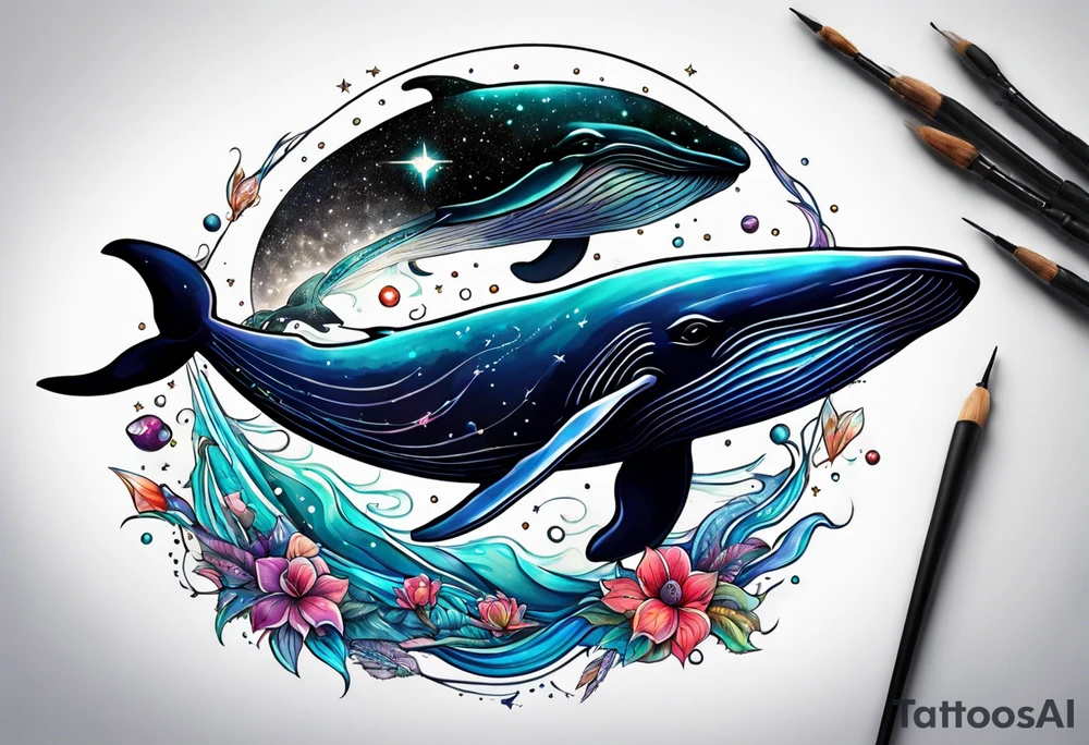 whales in outer space tattoo idea