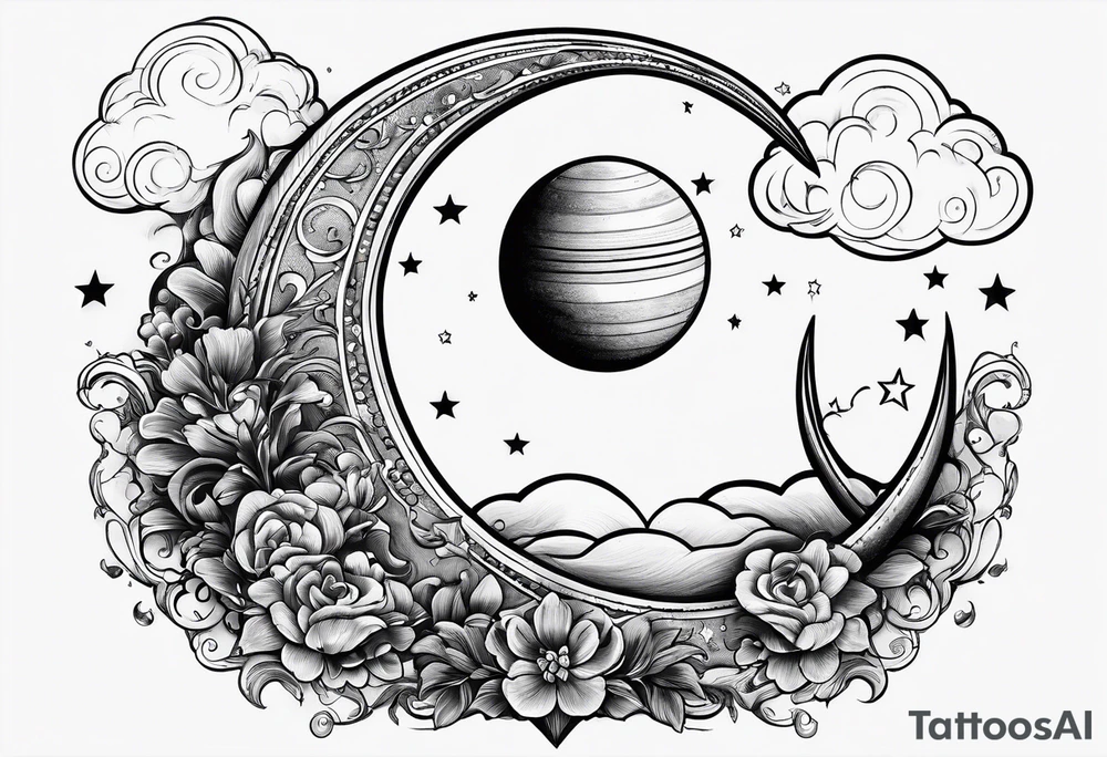 a crescent moon, the planet Saturn, two clouds and a floating heart balloon with string tattoo idea