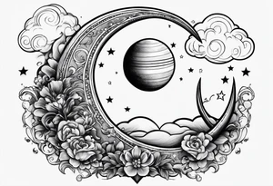 a crescent moon, the planet Saturn, two clouds and a floating heart balloon with string tattoo idea