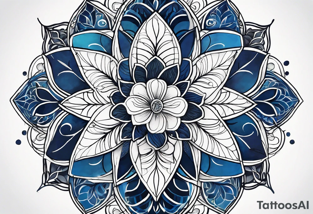 Linear minimalistic flower of life  with abstract floral patern in blue linear design tattoo idea