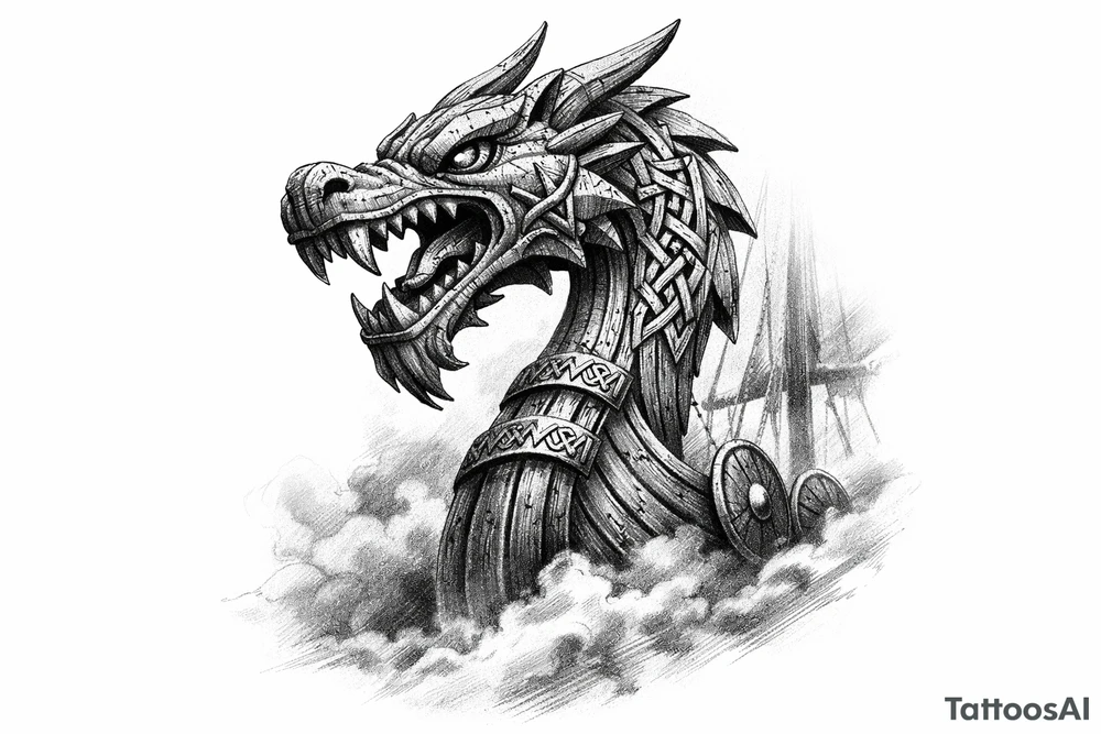 Close-up of a Viking longship's dragon head prow emerging from fog. tattoo idea
