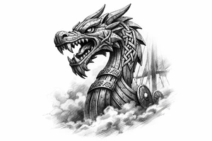 Close-up of a Viking longship's dragon head prow emerging from fog. tattoo idea