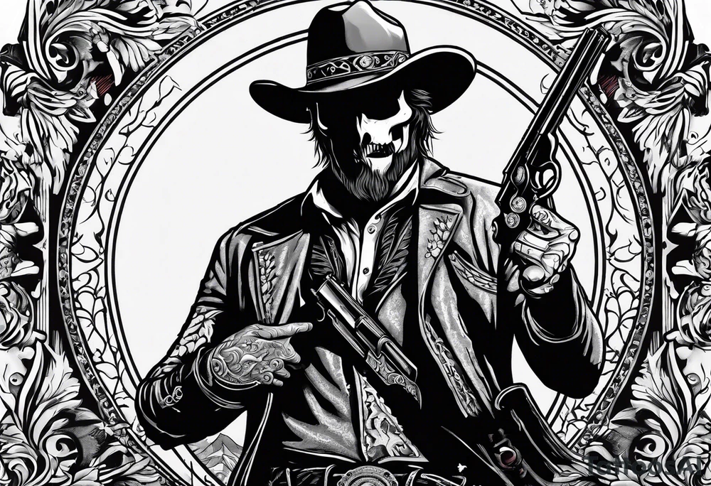 western background with a horse man,skelleton in the middle with a revolver and red dead redemtion hat tattoo idea western background with a horse man,skelleton in the middle with a revolver and red dead redemtion hat tattoo idea