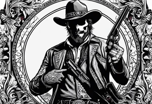 western background with a horse man,skelleton in the middle with a revolver and red dead redemtion hat tattoo idea