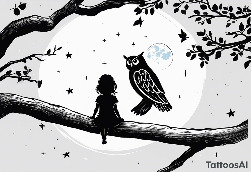 back of small girl in dress with long hair sitting on a tree branch watching a space shuttle launch in the distance, scene set within an owl tattoo idea
