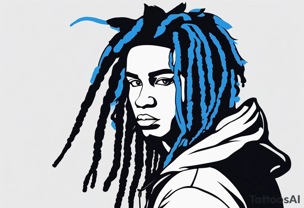 black well built teen with with a grey hoodie on and blue jeans with long dreads morphing 
into a blue wildcat in various spots on his body. I want his hoodie appear as if its been ripped in random places from the inside with I Carolina blue football jersey showing underneath that reads Camden tattoo idea