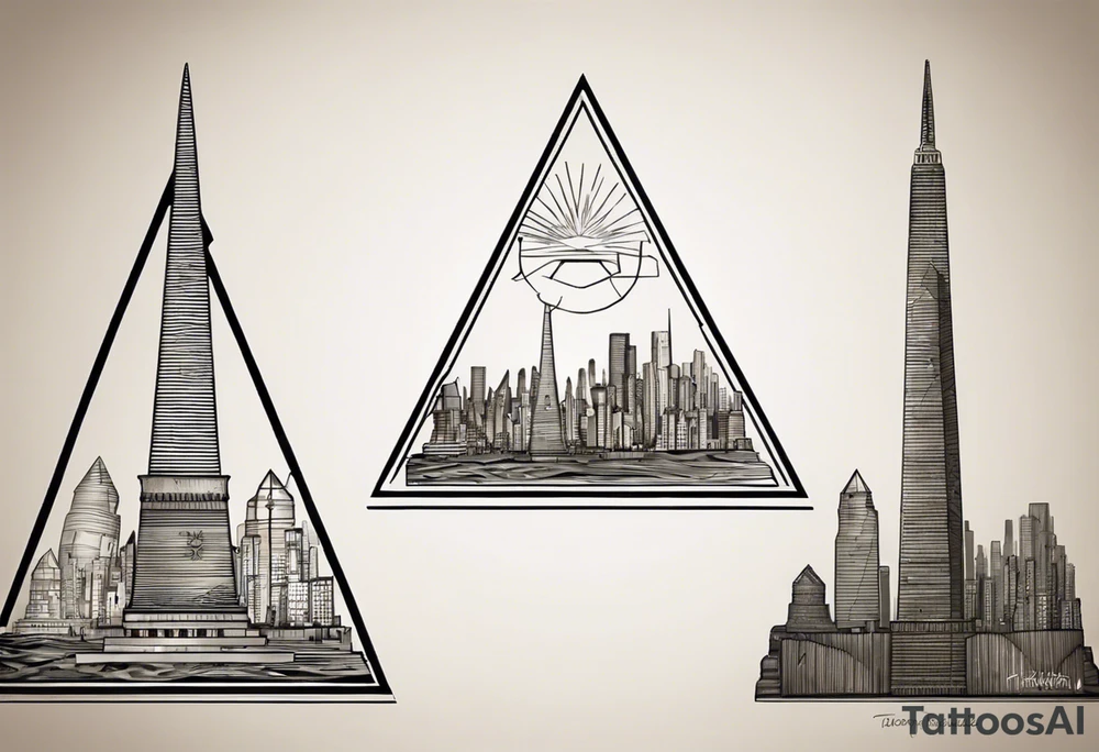 Create a visually dynamic tattoo that seamlessly blends the timeless elegance of the three Pyramids of Giza with the modern allure of the Manhattan skyline. Envision the pyramids standing majestically, perhaps incorporating subtle Egyptian motifs like hieroglyphs or an ankh, transitioning smoothly into the iconic structures of New York, such as the Empire State Building and One World Trade Center. tattoo idea