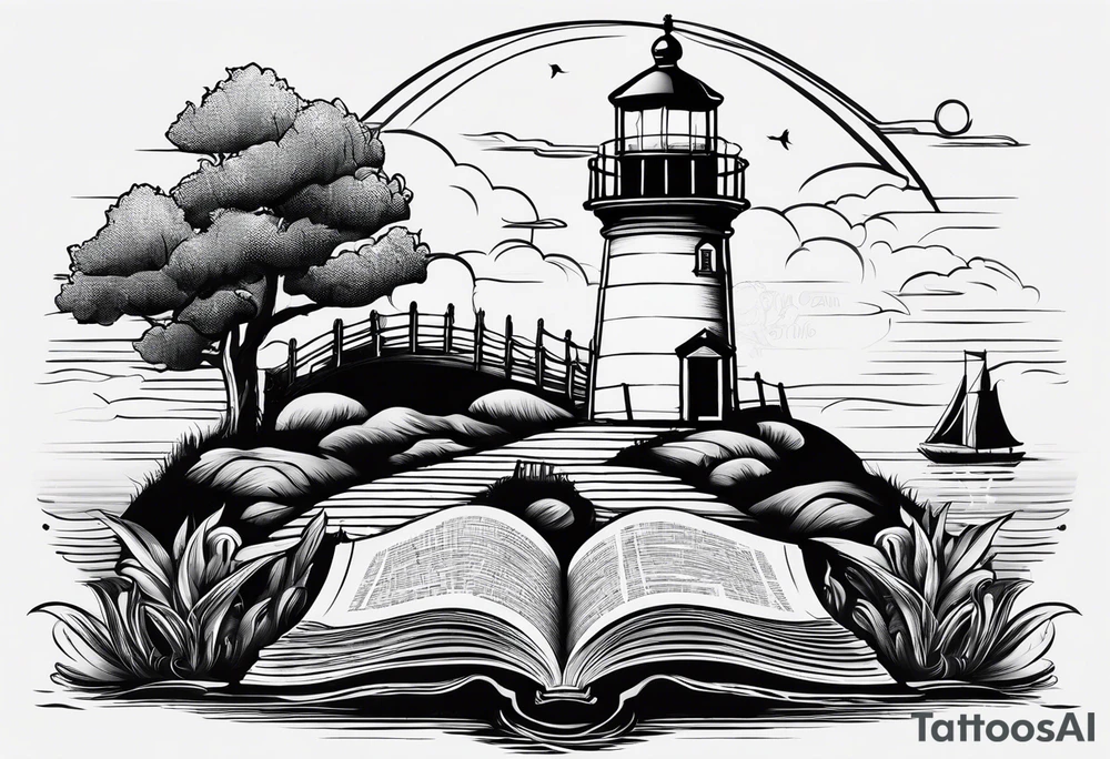 minimalist "open book" with a lighthouse in the middle and a clock tattoo idea