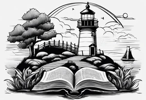 minimalist "open book" with a lighthouse in the middle and a clock tattoo idea