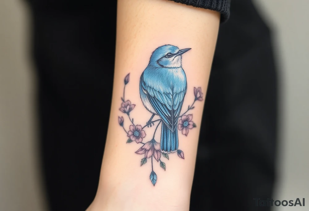 powerful majestic bluebird surrounded by wild flowers tattoo idea