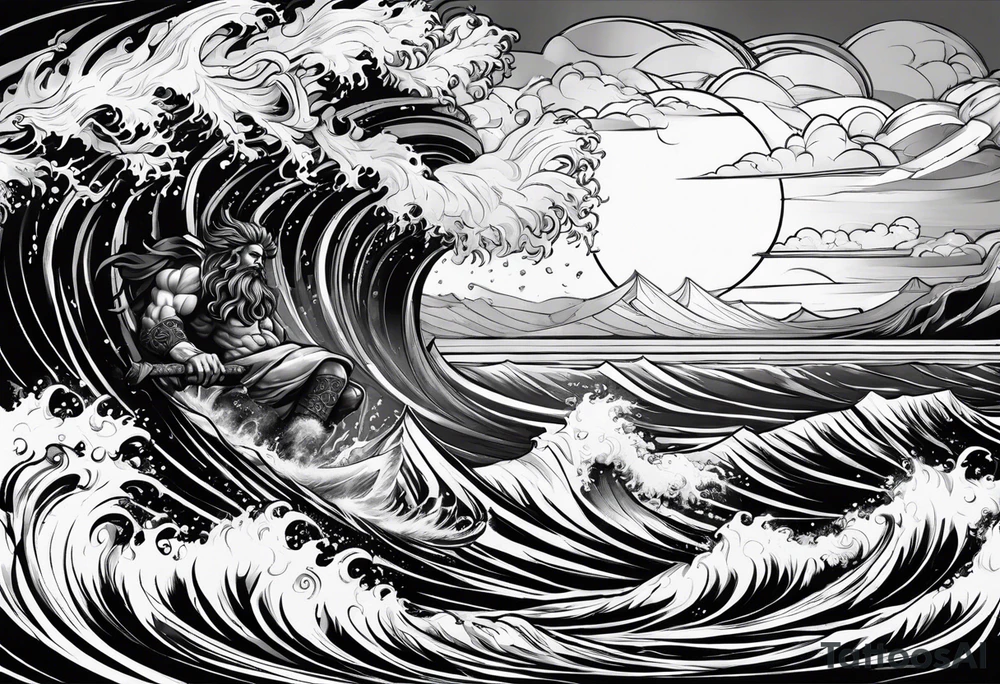 lighting with zeus showing strength and fear and the ocean waves tattoo idea
