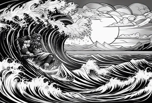lighting with zeus showing strength and fear and the ocean waves tattoo idea