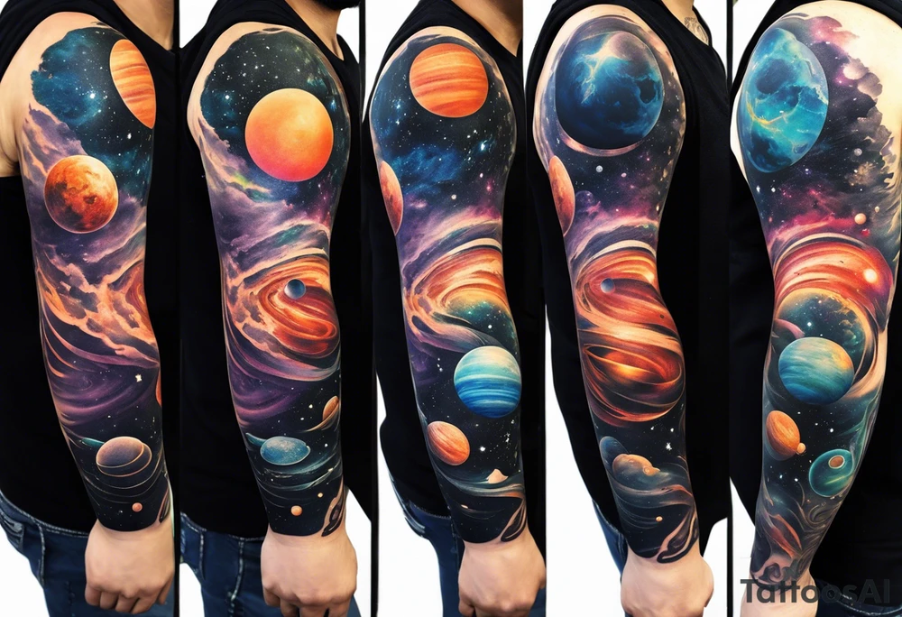Sleeve tattoo of planets orbiting a supermassive black hole. tattoo idea