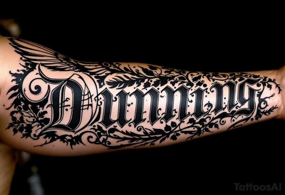 Dunning,on left forearm details include angel wing, greek type of font,jungle leaves , tiger claw scratch tattoo idea