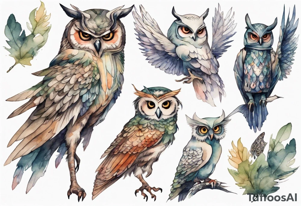 creature in a tunic wearing an owl mask with long thin legs, the feet of a bird, and wings instead of arms in an evening forest tattoo idea