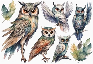 creature in a tunic wearing an owl mask with long thin legs, the feet of a bird, and wings instead of arms in an evening forest tattoo idea