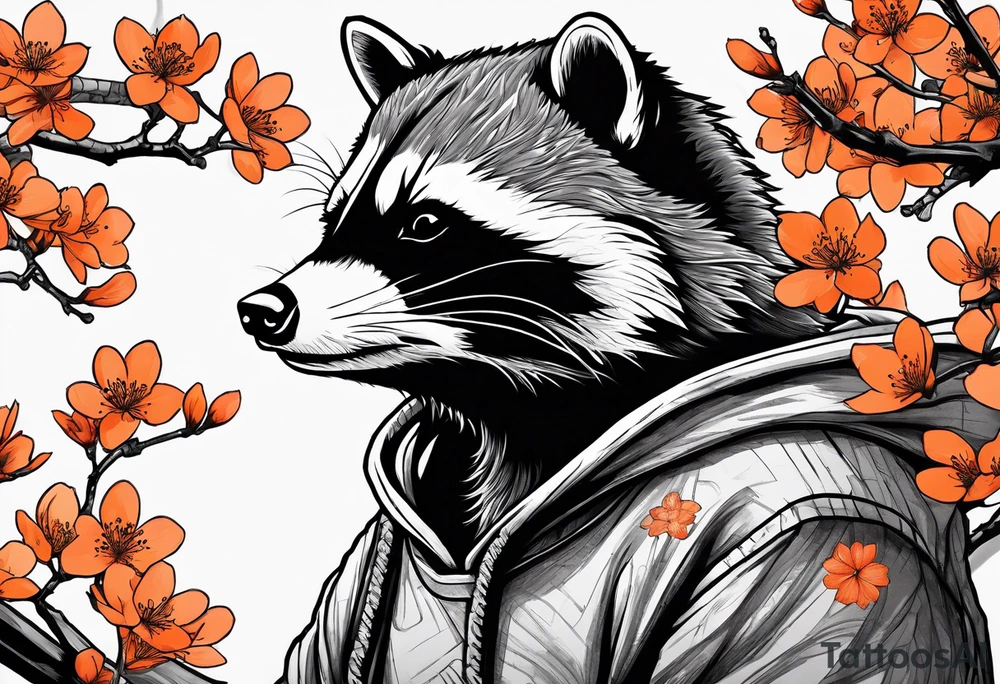 raccoon wearing a Superman hoodie with orange Japanese cherry blossoms tattoo idea