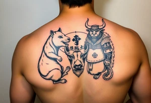 Japanese style tattoo consisting zodiac animals: rat, dog, goat, and ox all dressed up Samurai warrior style in a circular formation tattoo idea