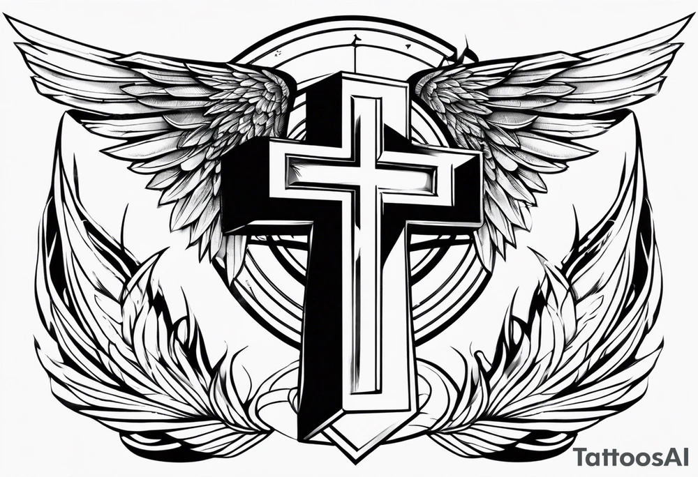 angel wings tattoo with a cross and the letters DJ in it tattoo idea
