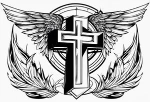 angel wings tattoo with a cross and the letters DJ in it tattoo idea