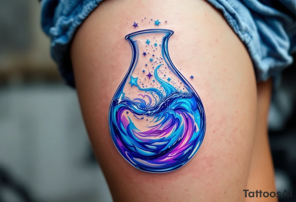 A glass jug filled with a swirling water, with vibrant blues, purples, and silver stardust pouring out like cosmic energy. tattoo idea