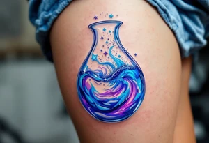 A glass jug filled with a swirling water, with vibrant blues, purples, and silver stardust pouring out like cosmic energy. tattoo idea