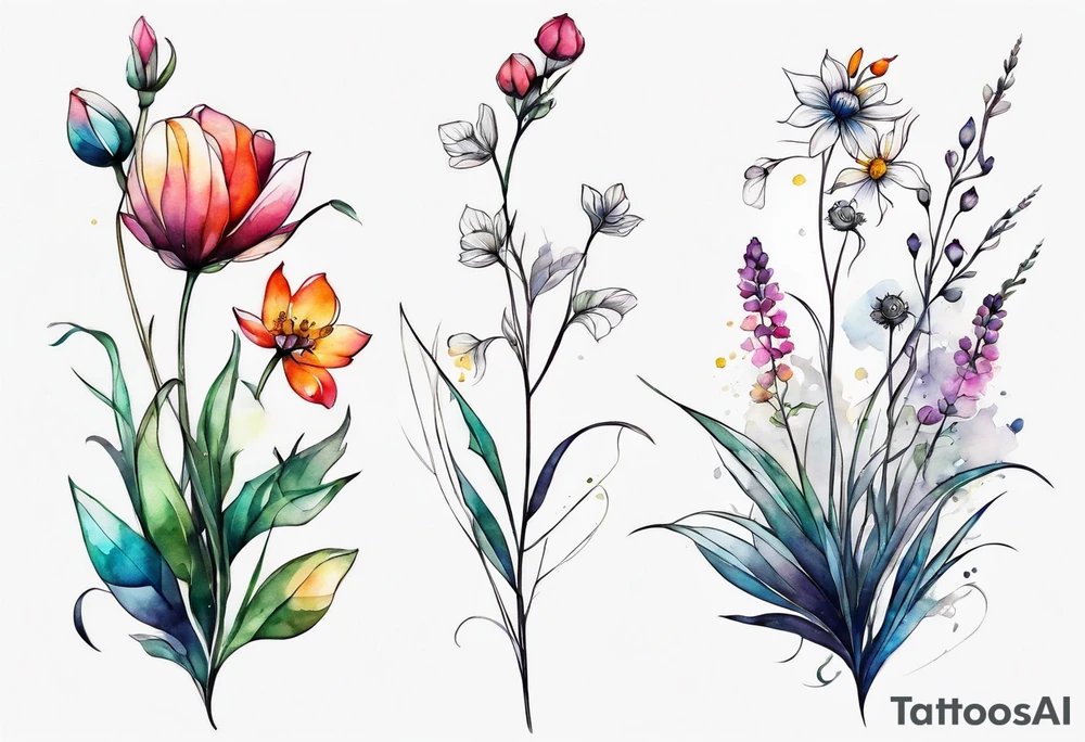 wild flowers long stems all watercolor tattoo idea