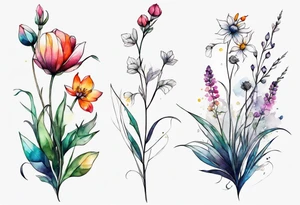 wild flowers long stems all watercolor tattoo idea