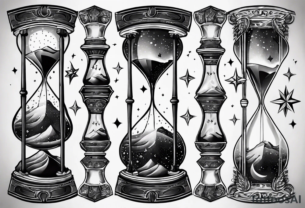 Hourglass with star stuff and cosmic dust exploding from the top and bottom of the hourglass. Long tattoo to fit on the forearm, mascuine tattoo idea
