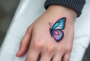 One has a half butterfly wing in shades of blue and violet, the other the mirrored wing, completing the butterfly across both bodies. tattoo idea