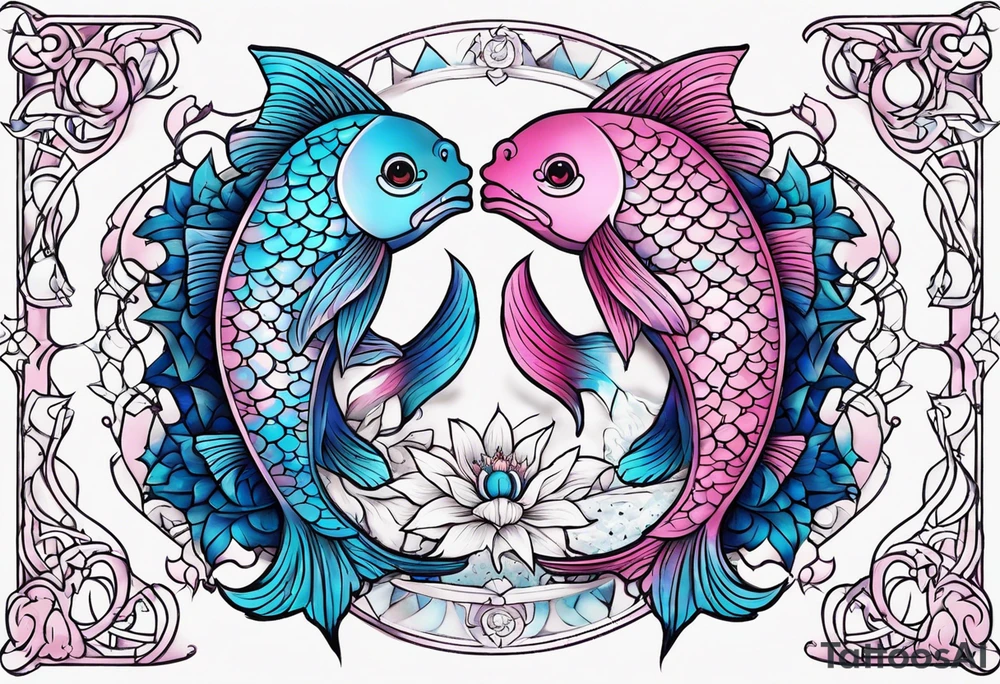 A 1/2 sleeve with 2 pisces fish one pink one blue incorporate sigils and cosmos in background tattoo idea