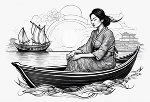 vietnamese lady on boat body,water, lanterns, sunset tattoo idea