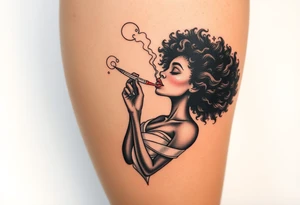 Afro Woman smoking while floating in outer space tattoo idea