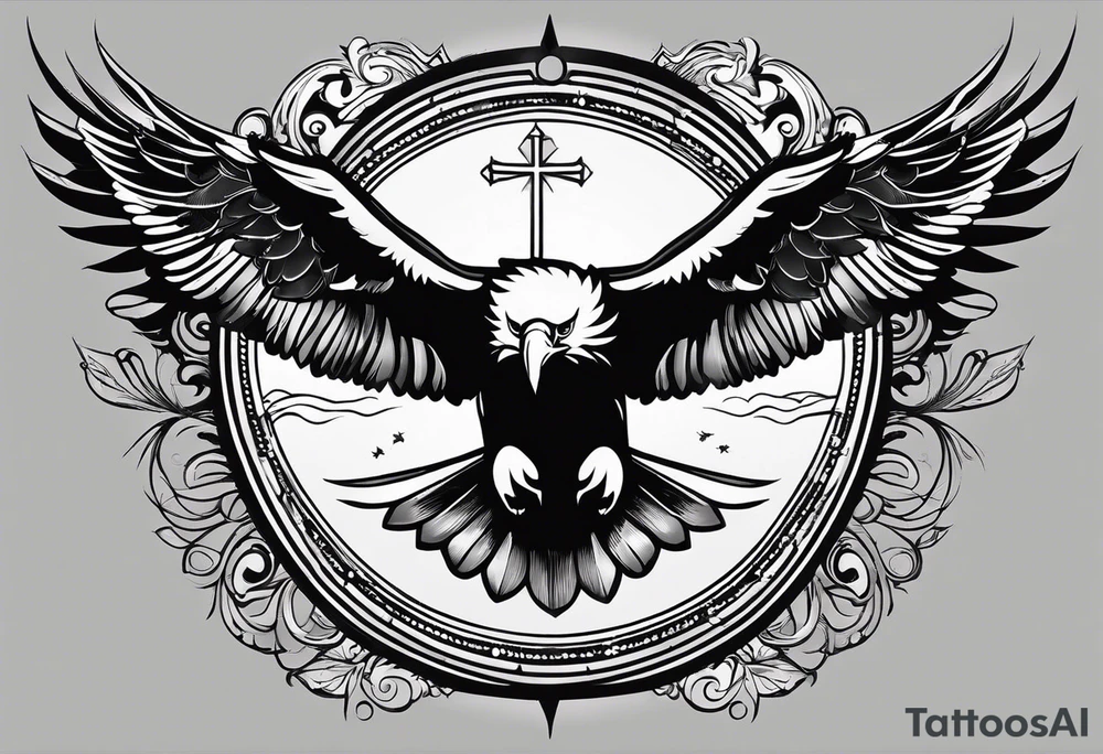 A tattoo that states catholic religion, pain and discipline to achieve your goals in life. it should be placed on the upper back. symbol of an eagle, fish, pigeon tattoo idea