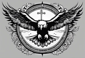 A tattoo that states catholic religion, pain and discipline to achieve your goals in life. it should be placed on the upper back. symbol of an eagle, fish, pigeon tattoo idea