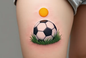 A detailed soccer ball resting on green grass with a bright yellow sun overhead. tattoo idea