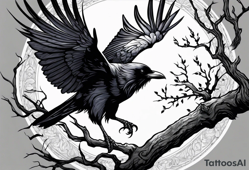 raven perched on branch tattoo idea