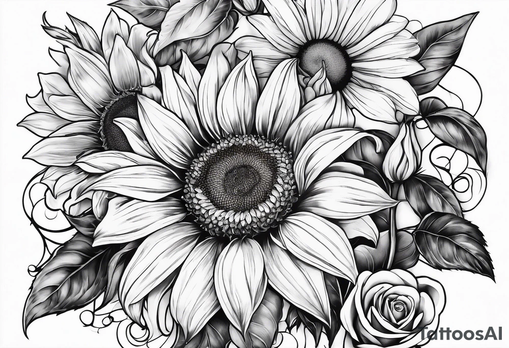 Sunflower, Rose and Lily tattoo idea