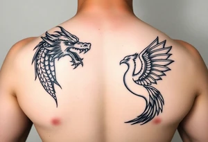 Dragons head at the top left of the chest with a phoenix below to the right, facing each other tattoo idea