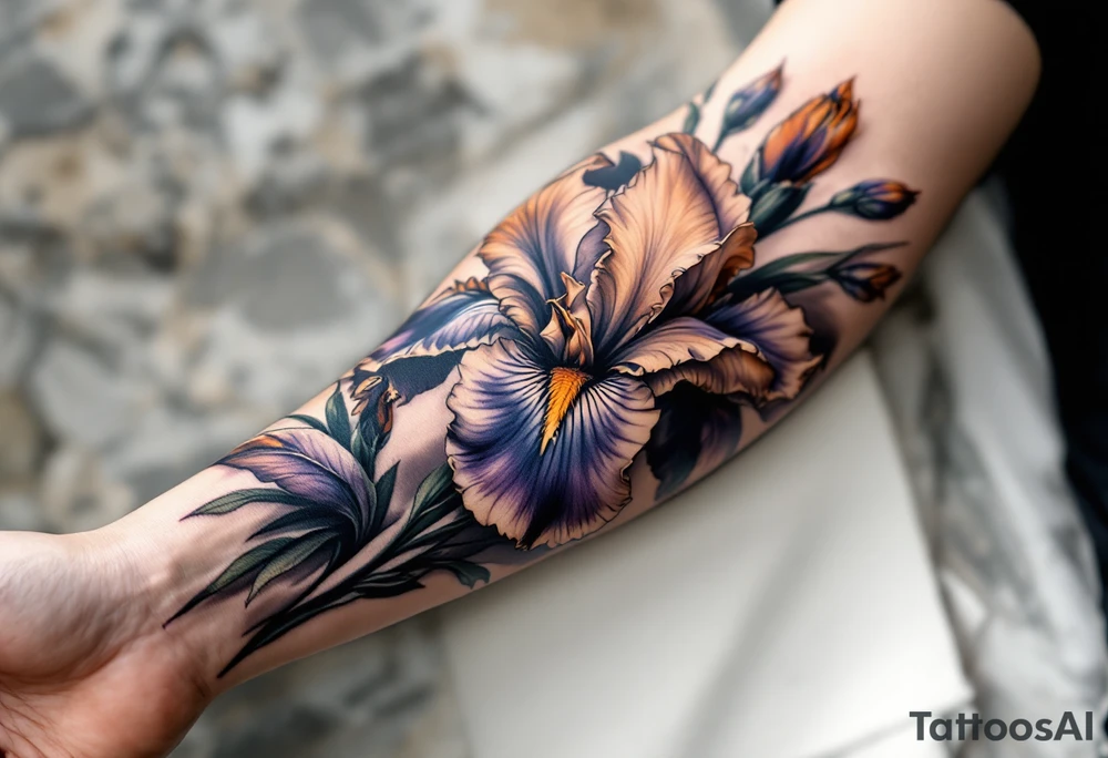 big iris flower with the name “IRIS” written in the stem of the flower in cursive on the outside of the forearm tattoo idea