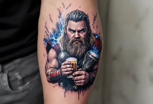 Fat Thor from Endgame holding a beer and Stormbreaker, with sparks of lightning around him in a humorous yet detailed tattoo design. tattoo idea