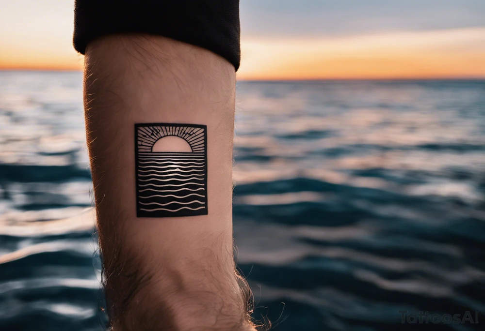 Minimalistic, small, black and white tattoo on male forearm. From the perspective of being on the ocean, the water is calm, with no waves in sight, the sun is setting behind the ocean, reflecting light onto the water. The tattoo in the shape of a rectangle, 4 inches wide by 2 inches tall. tattoo idea