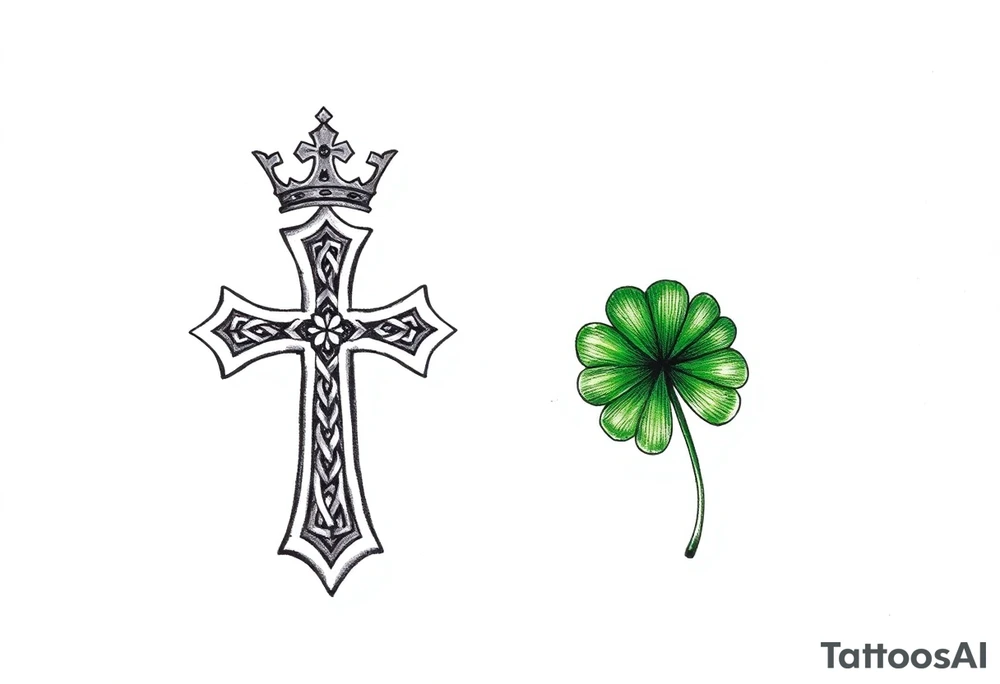a small celtic cross with a crown and a green four leaf clover tattoo idea