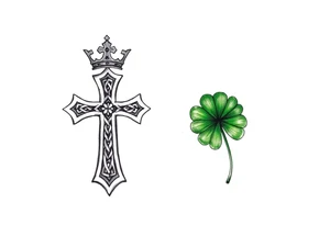 a small celtic cross with a crown and a green four leaf clover tattoo idea